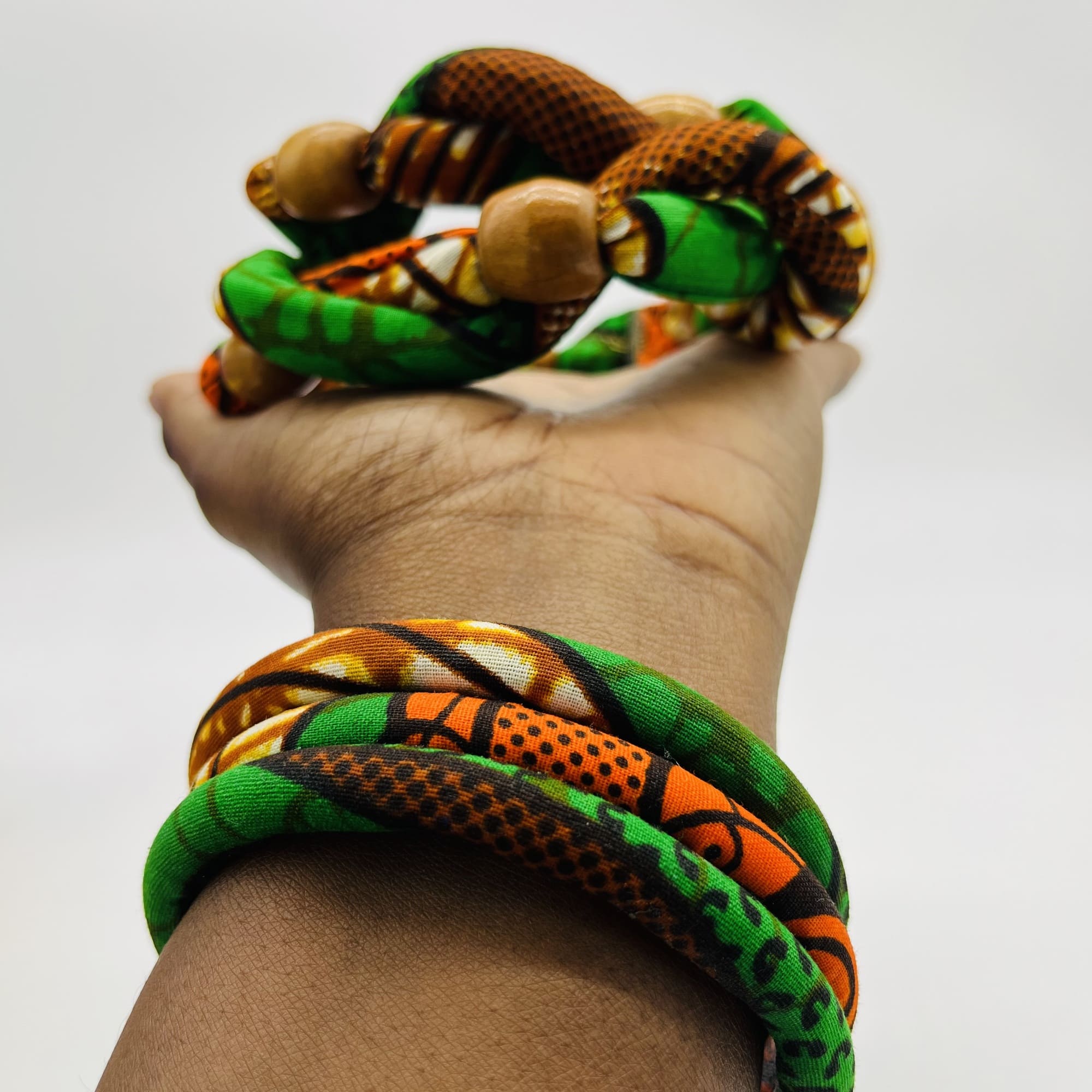 Katumbu African Beaded Boho Colourful Green Orange Cord Necklace Earring and Bangle Set - Image 3