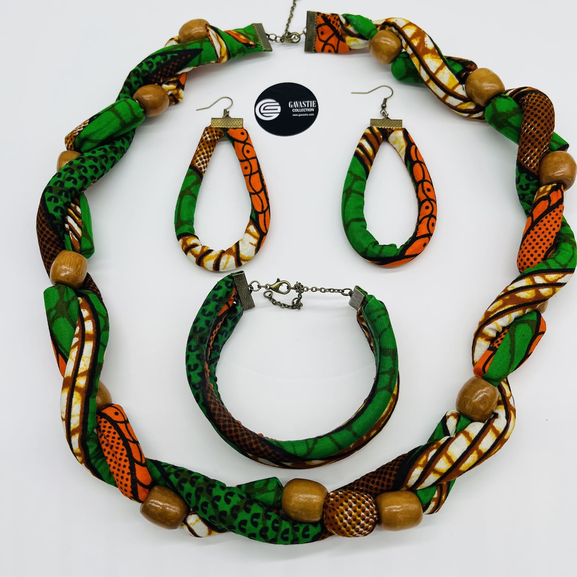 Katumbu African Beaded Boho Colourful Green Orange Cord Necklace Earring and Bangle Set - Image 11