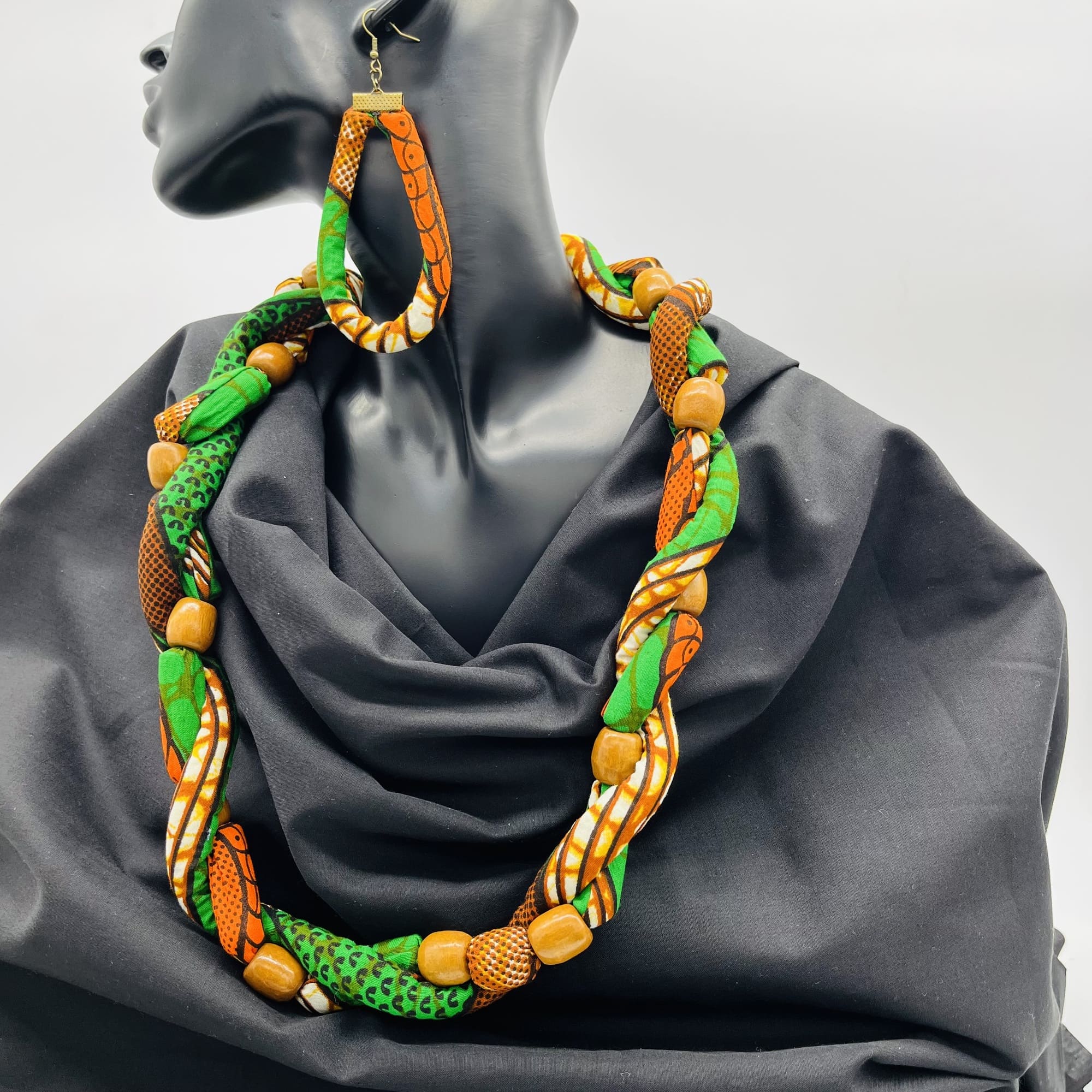 Katumbu African Beaded Boho Colourful Green Orange Cord Necklace Earring and Bangle Set