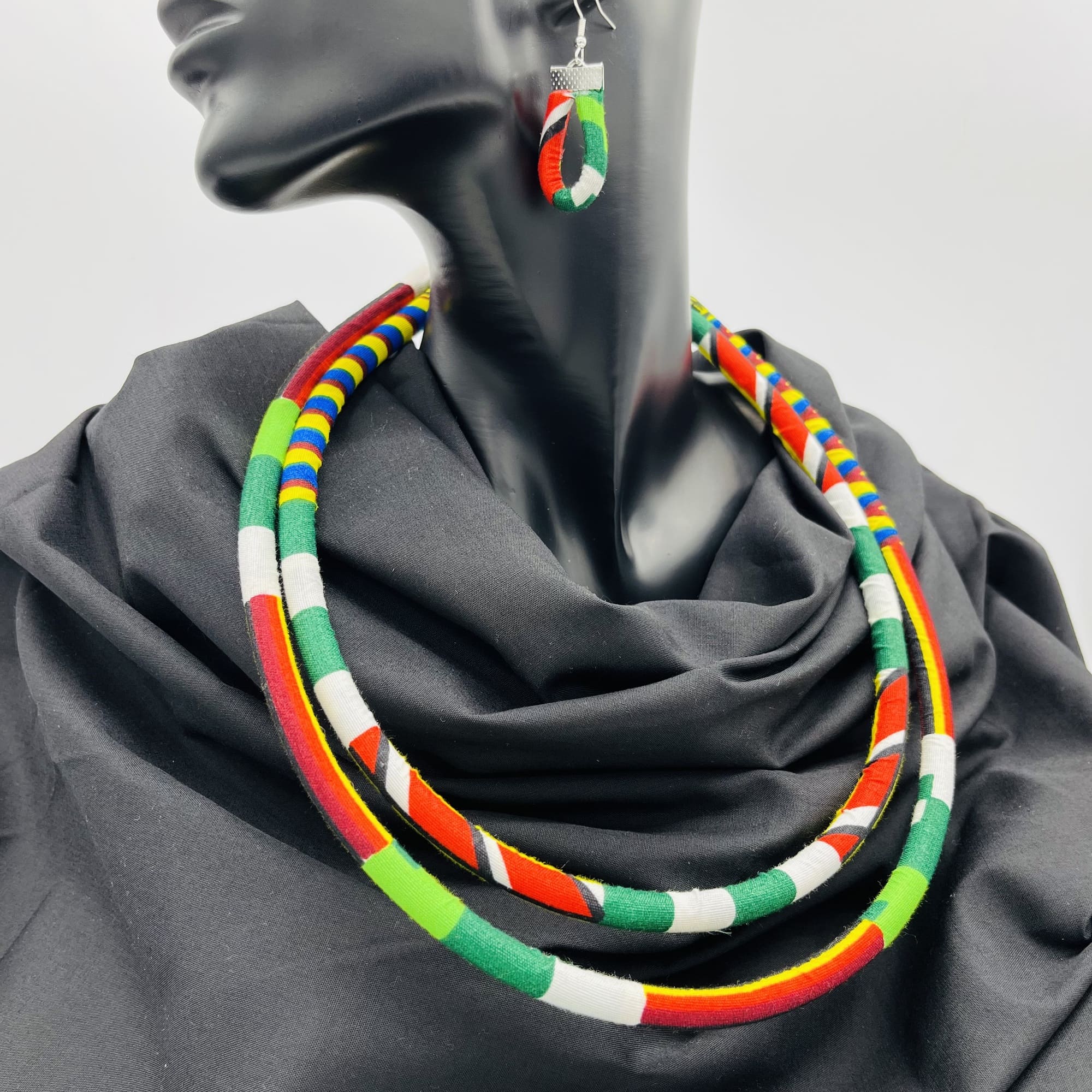 Kurume African Kente Maasai Style Double Layer Boho Necklace Neck-ring and Matching Earrings - Image 5