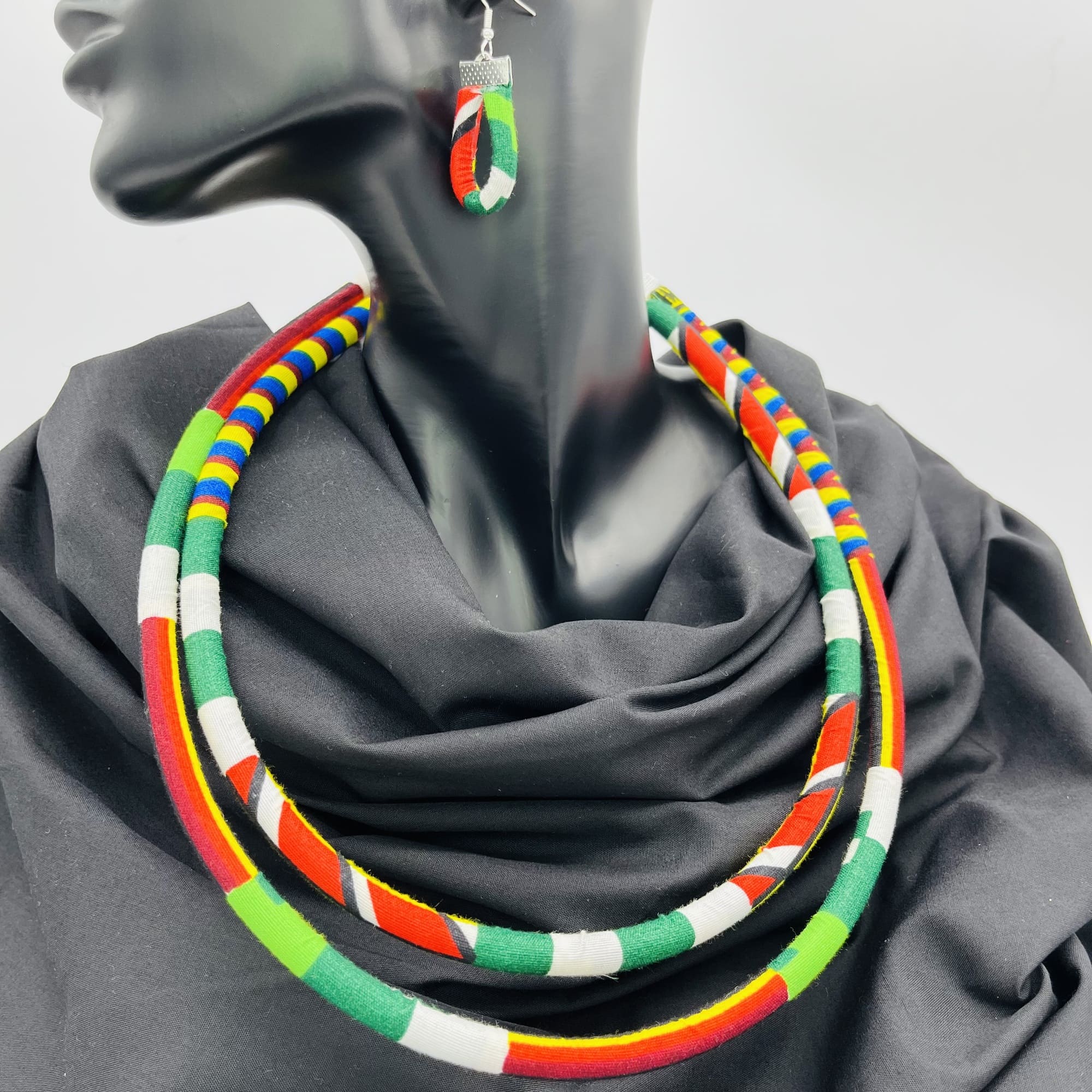 Kurume African Kente Maasai Style Double Layer Boho Necklace Neck-ring and Matching Earrings - Image 11