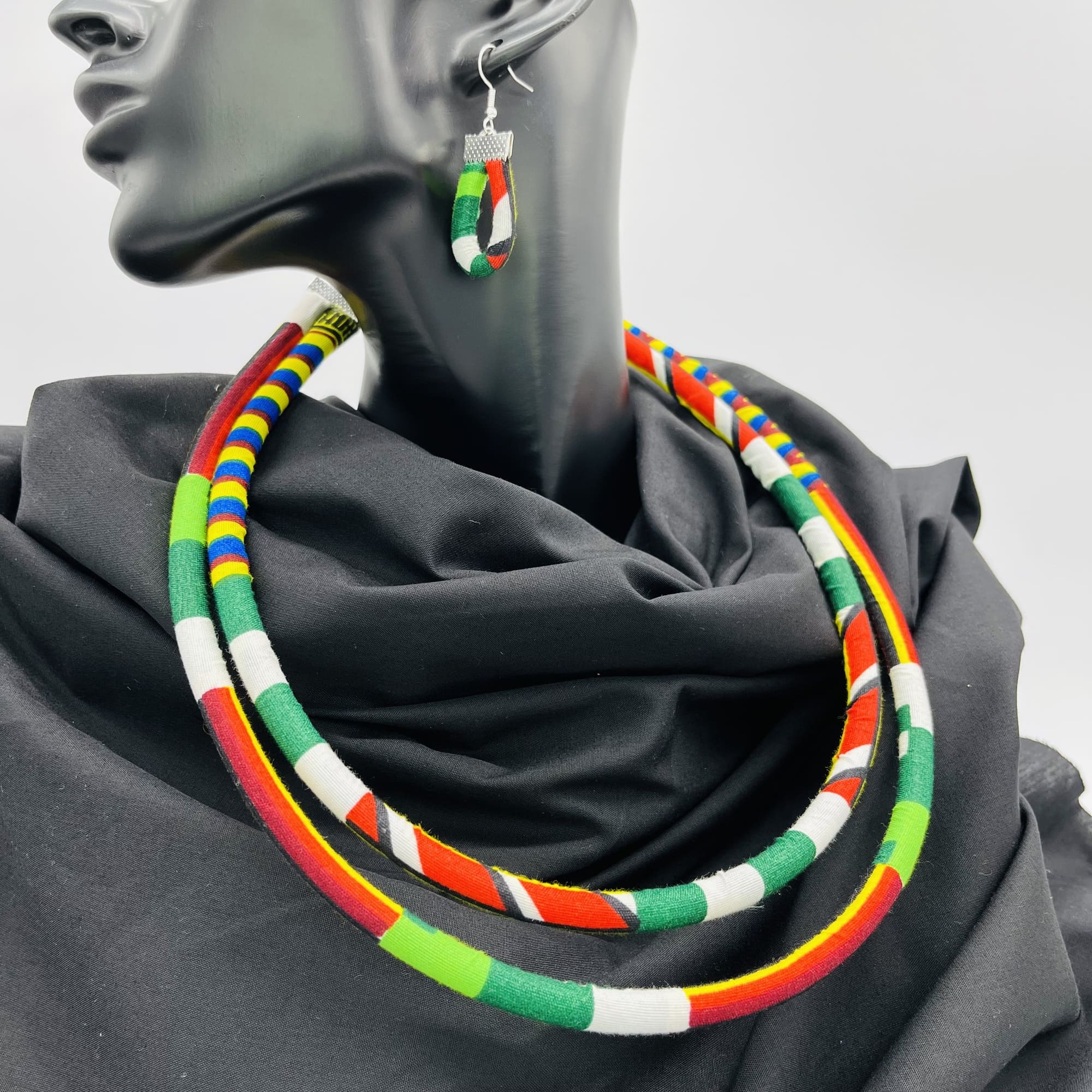 Kurume African Kente Maasai Style Double Layer Boho Necklace Neck-ring and Matching Earrings - Image 4