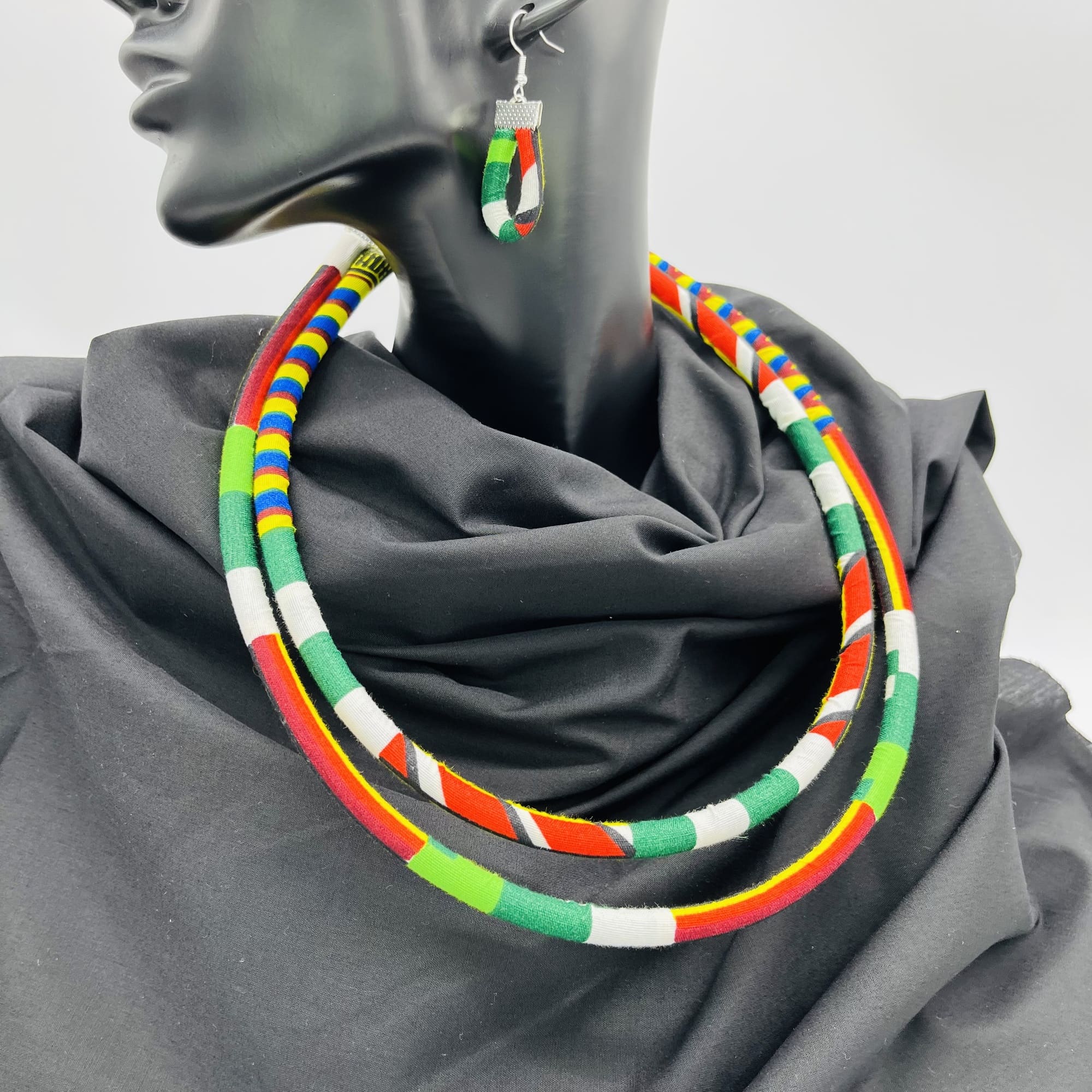 Kurume African Kente Maasai Style Double Layer Boho Necklace Neck-ring and Matching Earrings - Image 3