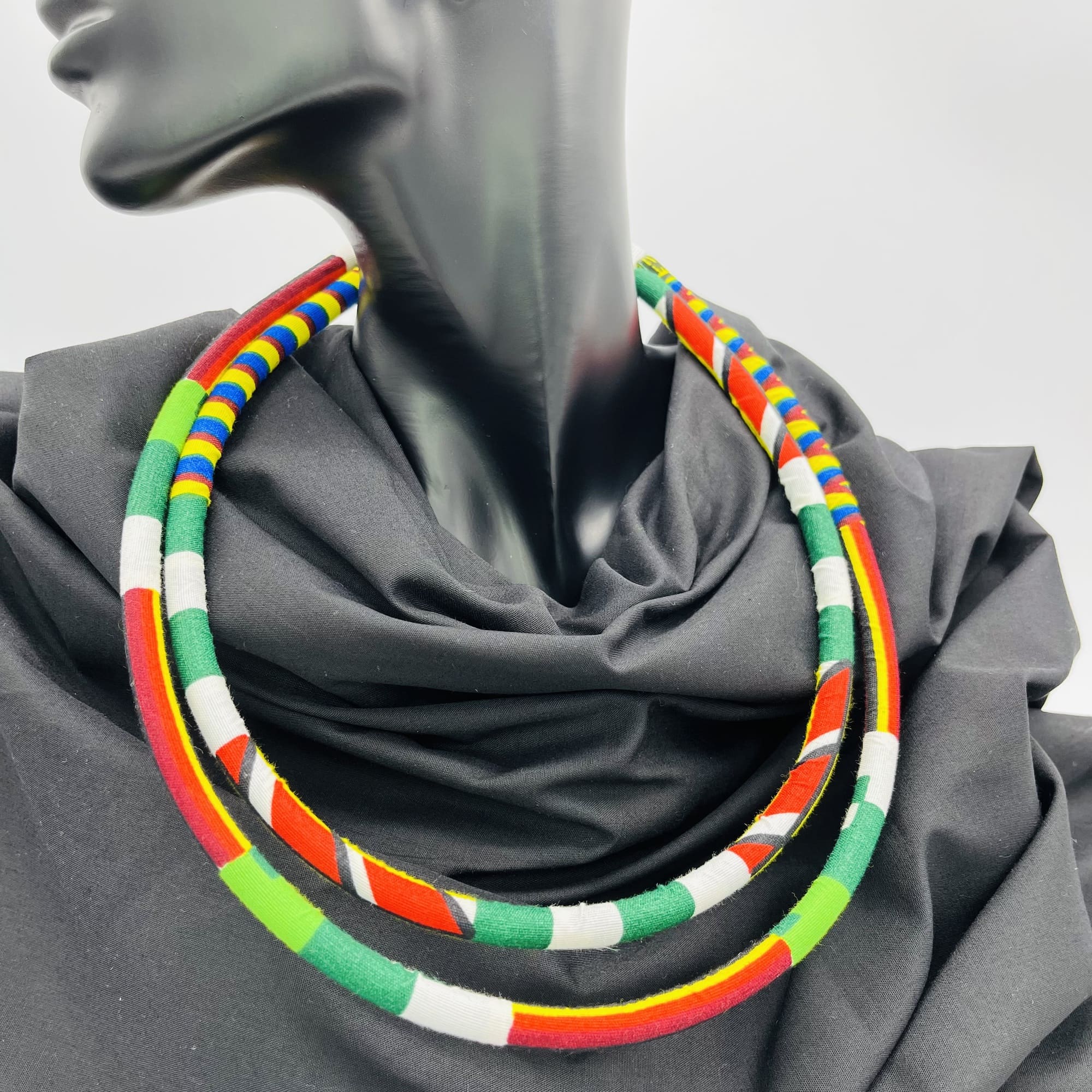 Kurume African Kente Maasai Style Double Layer Boho Necklace Neck-ring and Matching Earrings - Image 9