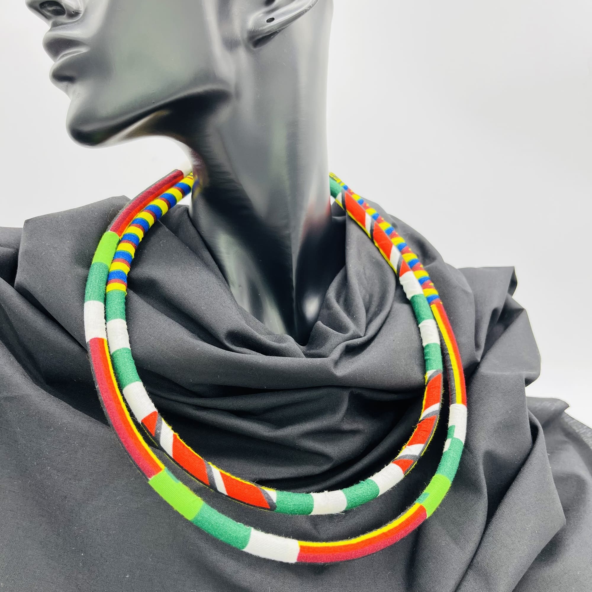 Kurume African Kente Maasai Style Double Layer Boho Necklace Neck-ring and Matching Earrings - Image 10