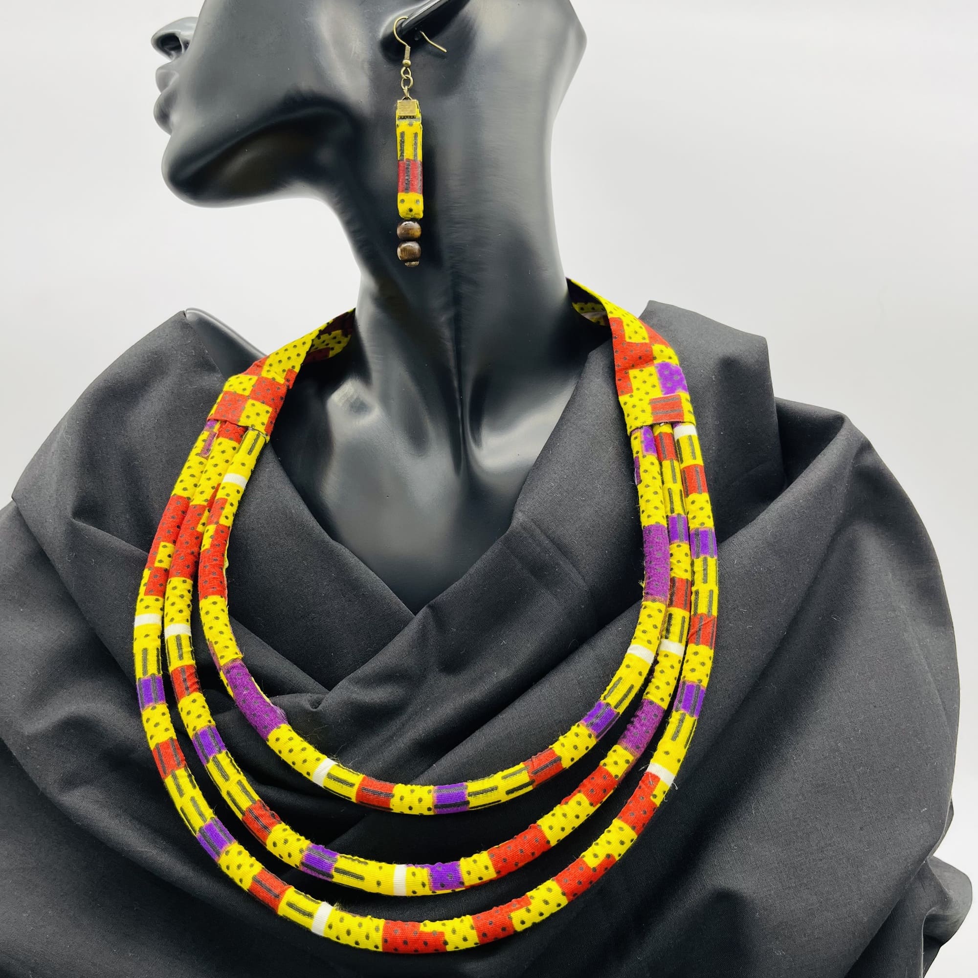 Matatu African Kente Maasai Style Boho Triple Layer Necklace Neck-ring with Matching Earrings - Image 10