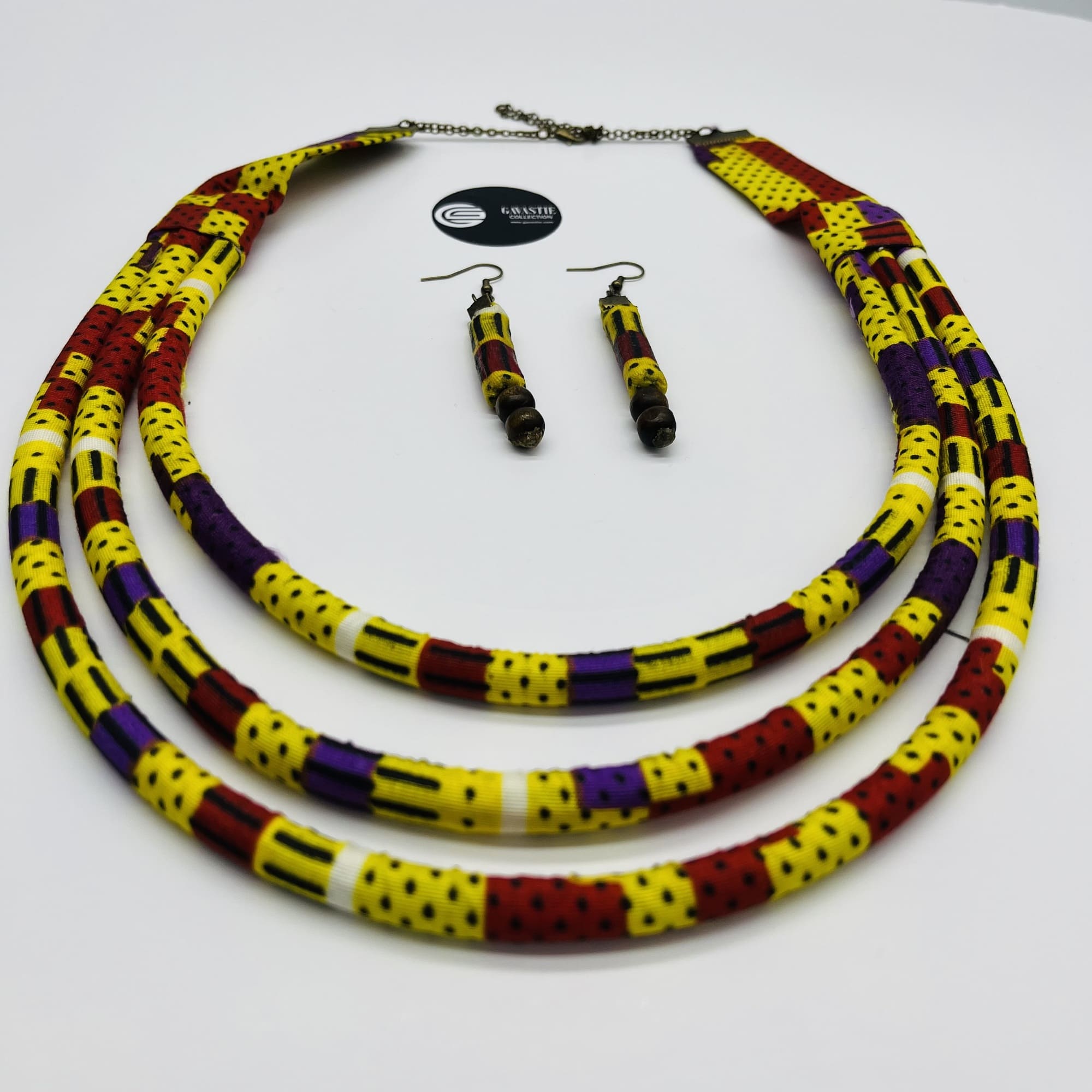 Matatu African Kente Maasai Style Boho Triple Layer Necklace Neck-ring with Matching Earrings - Image 5