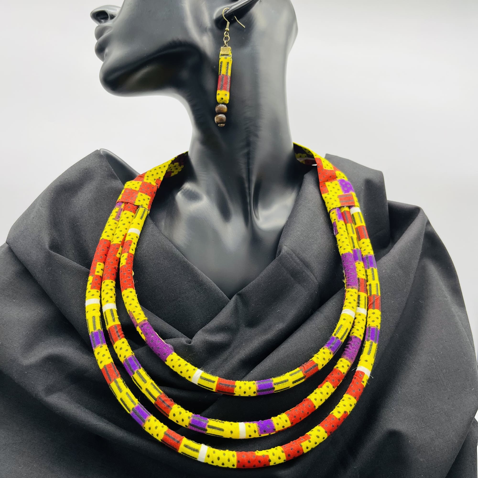 Matatu African Kente Maasai Style Boho Triple Layer Necklace Neck-ring with Matching Earrings