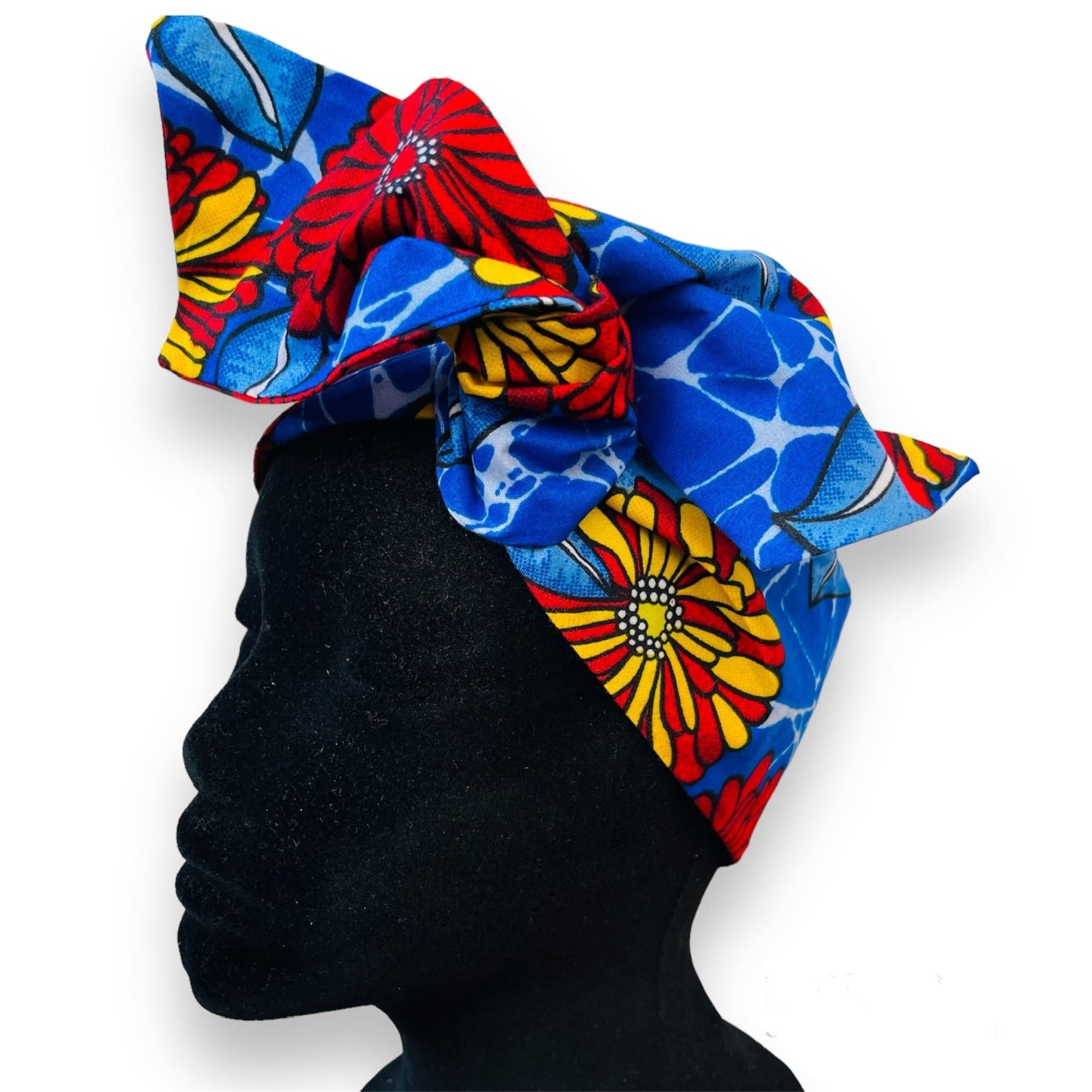 Mwaka Wired Twist & Go Headband Blue Yellow Red Yellow African Print Colourful Boho - Image 3