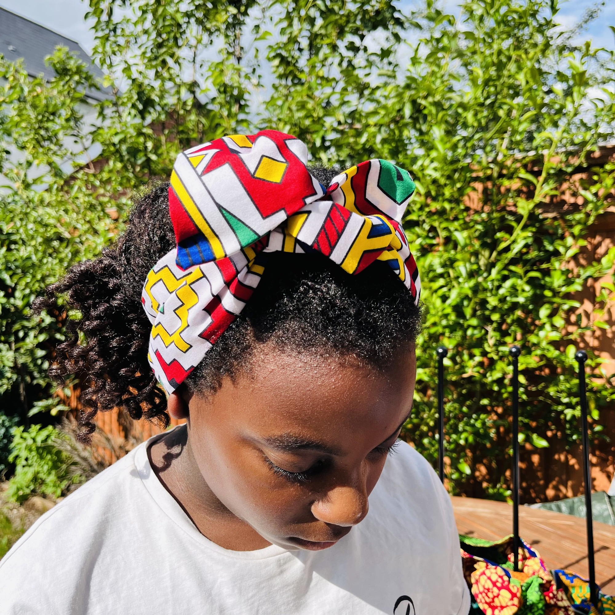 Ndebele Print Wired Twist & Go Headband African Print red blue Colourful Boho - Image 4